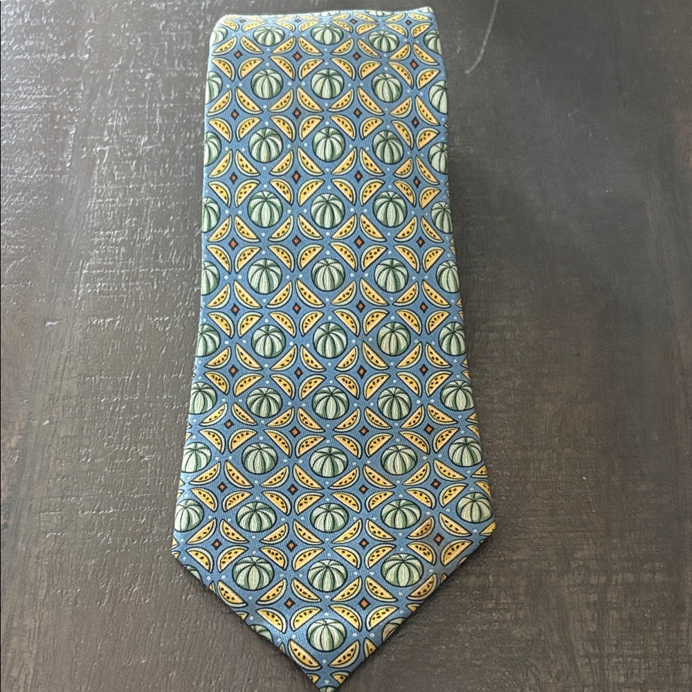 Hermès Paris 100% Silk Tie Blue Fruit Melon Novelty Print Made in France